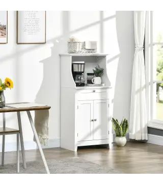 Mueble para Microondas Aparador de Cocina con Cajón Estante 2 Puertas Compartimento Anti-vuelco 60x40x122,5 cm Blanco