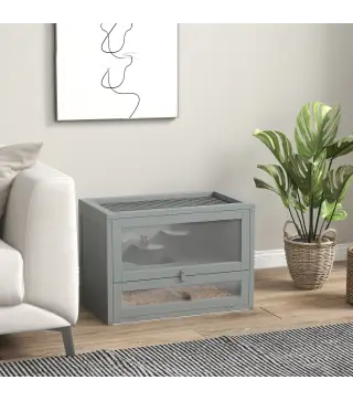 Jaula para Hámster de Madera de 2 Niveles Casa para Animales Pequeños con Plataformas Escaleras 60x35x42 cm Gris