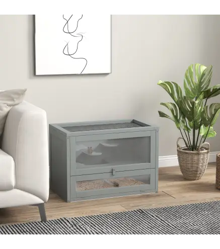 Jaula para Hámster de Madera de 2 Niveles Casa para Animales Pequeños con Plataformas Escaleras 60x35x42 cm Gris