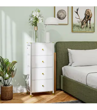 Cajonera de Tela con 4 Cajones Plegables con Frentes de PU y Marco de Acero Cajonera para Dormitorio Salón Blanco