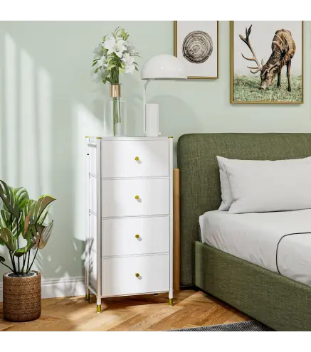Cajonera de Tela con 4 Cajones Plegables con Frentes de PU y Marco de Acero Cajonera para Dormitorio Salón Blanco