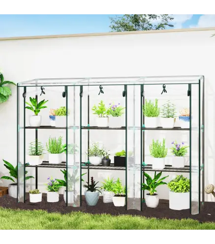 Invernadero de Exterior con Estantes de 3 Niveles Puertas con Cremallera y Marco de Acero 215x46x151 cm Transparente