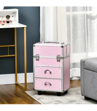 Maleta de Maquillaje Profesional Estuche para Cosmética con 6 Cajones Extensibles y Cierre Llave 36x23x58cm Rosa