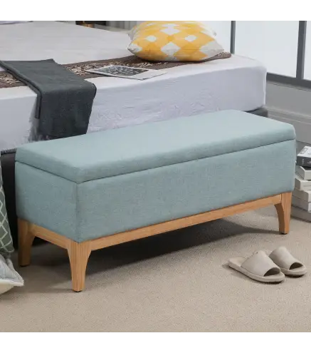 Baúl de Almacenaje para Dormitorio 72L Tapizado en Lino con Patas de Madera 110x39x45 cm Verde Claro