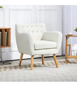 Butaca para Dormitorio con Reposabrazos y Patas de Madera Sofá Individual Carga 125 kg para Oficina Crema