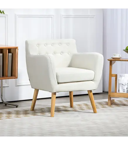 Butaca para Dormitorio con Reposabrazos y Patas de Madera Sofá Individual Carga 125 kg para Oficina Crema