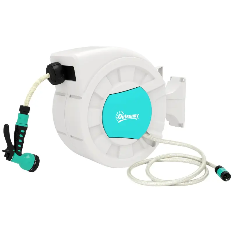 Carrete de Manguera Retráctil 20 +2 m con Soporte Boquilla de 7 Funciones y Bloqueo Retorno Automático Gris