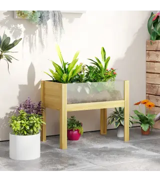 Jardinera Elevada de Madera con Paneles Acrílicos para Flores y Vegetales con Drenaje y Capacidad de 68L 75x46x60,5 cm