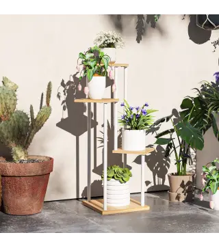 Soporte para Plantas de Madera y Acero de 4 Niveles con 4 Estantes Cuadrados 53x42x85 cm Natural y Blanco