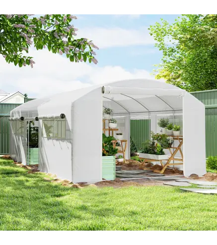 Invernadero de Túnel 6x3x2 m con 6 Ventanas de Malla Cubierta de PE Anti-UV y 3 Puertas Enrollables Blanco