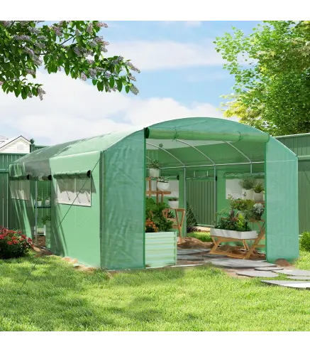 Invernadero de Túnel 6x3x2 m con 6 Ventanas de Malla Cubierta de PE Anti-UV y 3 Puertas Enrollables Verde