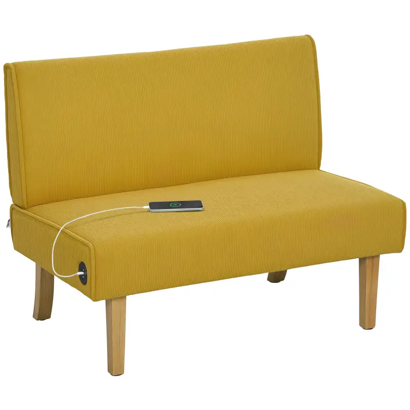 Sofá de 2 Plazas Tapizado en Pana con 2 Puertos USB 1 Puerto Tipo-C y Patas de Madera Carga 240 kg 110x60x85 cm Amarillo