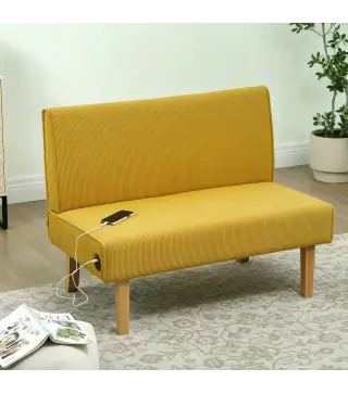 Sofá de 2 Plazas Tapizado en Pana con 2 Puertos USB 1 Puerto Tipo-C y Patas de Madera Carga 240 kg 110x60x85 cm Amarillo