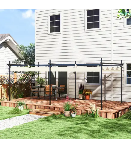 Pérgola con Techo Retráctil 6x3 m Cenador con Tela de Poliéster Anti-UV Resistente al Agua Crema