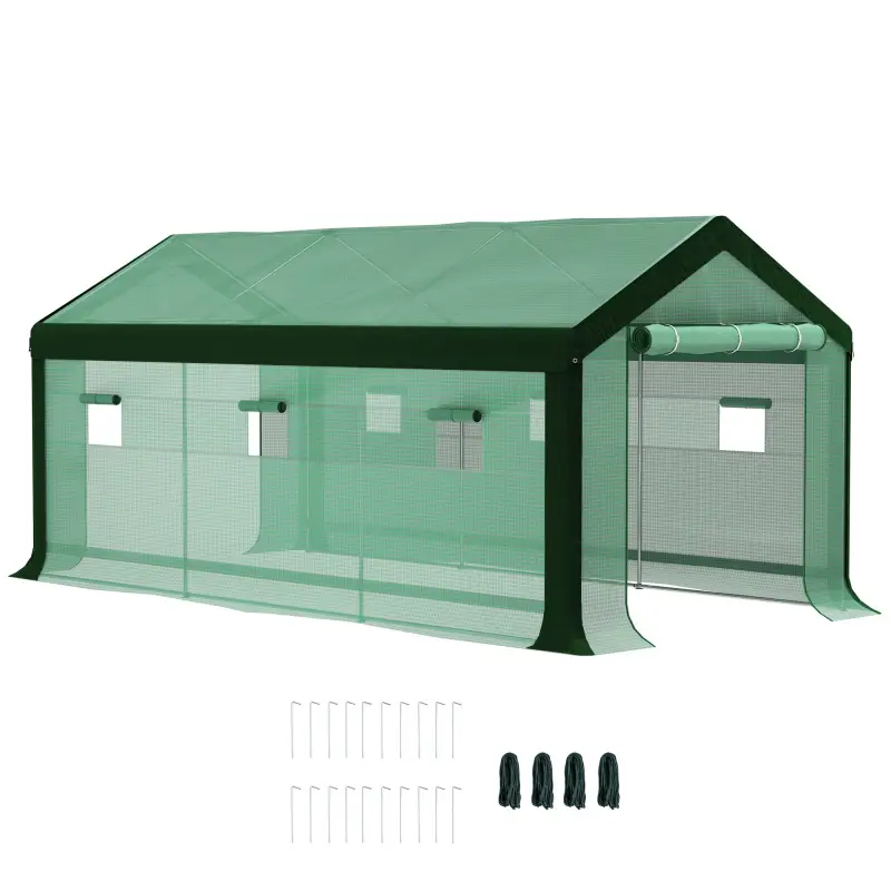 Invernadero de Túnel 6x3x2,8 m con 6 Ventanas Cubierta de PE Anti-UV y 2 Puertas Enrollables con Cremallera Verde