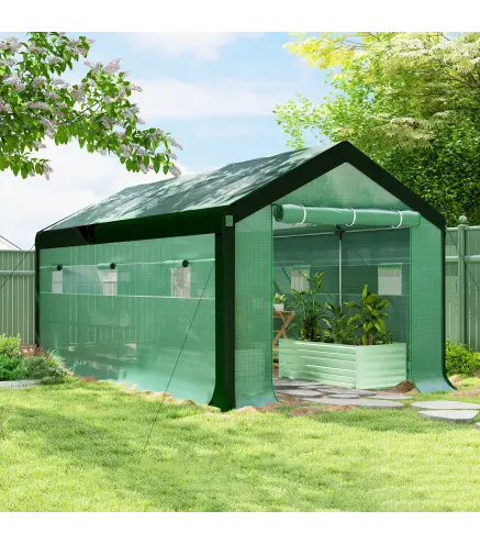Invernadero de Túnel 6x3x2,8 m con 6 Ventanas Cubierta de PE Anti-UV y 2 Puertas Enrollables con Cremallera Verde