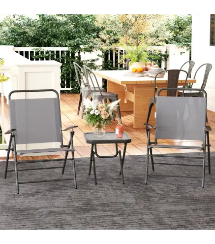 Conjunto de 3 Piezas Mesa con Encimera de Cristal y Sillas Plegables con Respaldo Regulable para Terraza Exterior Gris