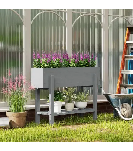 Jardinera Elevada con Estante Inferior Drenaje y Forro No Tejido para Cultivo de Plantas y Flores 100x30x70,5 cm Gris