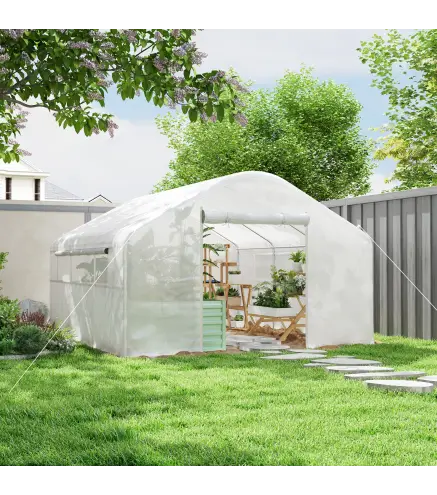 Invernadero de Túnel 4x3x2 m con 2 Ventanas Cubierta de PE Anti-UV y 1 Puerta Enrollable con Cremallera Blanco