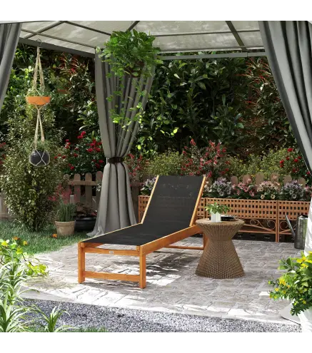 Tumbona de Jardín con Respaldo Ajustable Ruedas Integradas y Estructura de Madera de Acacia Capacidad de 160 kg Negro