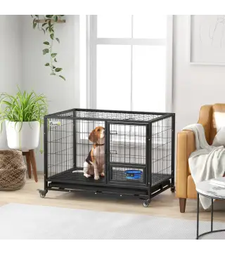 Jaula para Perros Grandes con Soporte de Cuenco Bandeja Extraíble Ruedas y Puerta Doble Desmontable 109x72x79 cm Negro