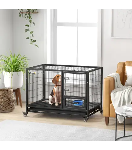 Jaula para Perros Grandes con Soporte de Cuenco Bandeja Extraíble Ruedas y Puerta Doble Desmontable 109x72x79 cm Negro