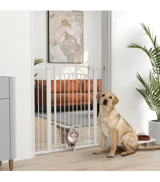 Barrera de Seguridad para Perros con Ancho Ajustable 76-104 cm con 2 Extensiones para Escalera Puerta Blanco