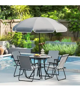 Conjunto de Muebles de Jardín de 6 Piezas con Mesa Redonda Sillas Plegables y Sombrilla para Patio y Terraza Color Gris