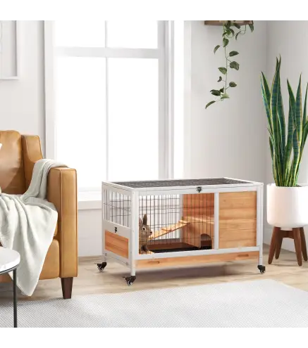 Jaula de Conejos Conejera para Mascotas Pequeñas con Techo Abrible y Bandeja Extraíble 90x53x59 cm Natural