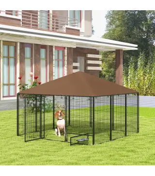 Perrera con Toldo y Soporte Giratorio para Comida 2 Cuencos Incluidos 211x211x151 cm Negro y Café