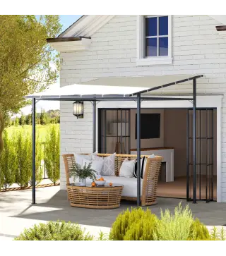 Pérgola de Pared 2,4x2,4 m con Techo Inclinado Protección UV 30+ Impermeable Marco de Metal para Patio Terraza Crema