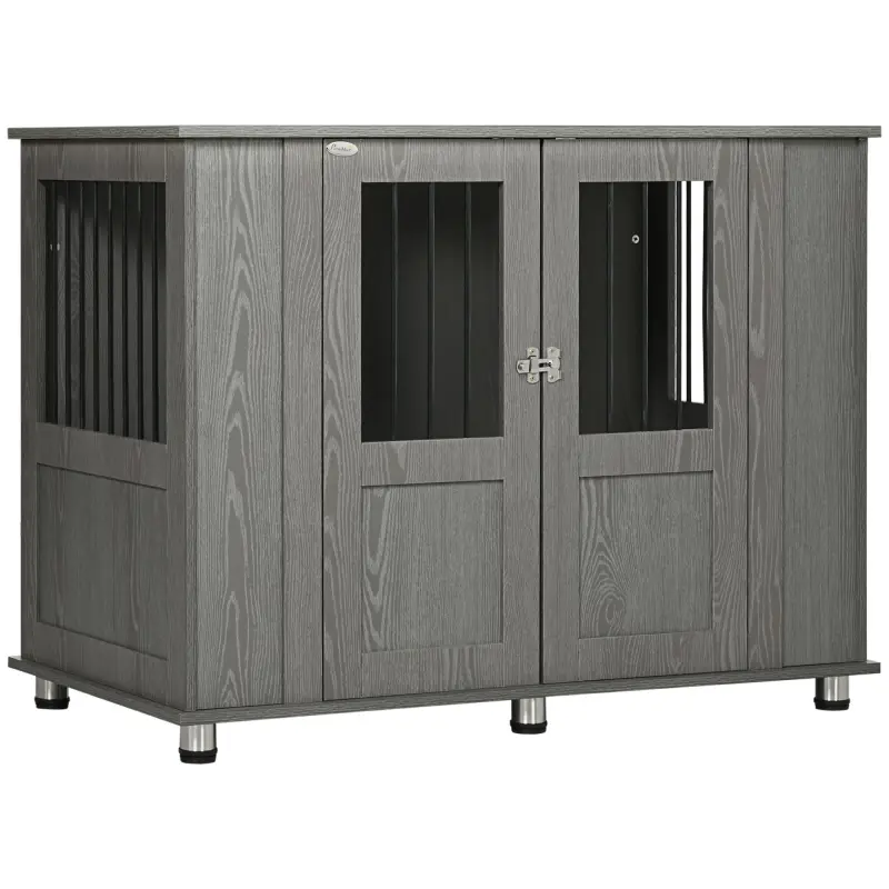 Jaula para Perros Grandes 2 en 1 Mesa Auxiliar con Puertas con Pestillo Ventanas y Patas Ajustables 114x60x82 cm Gris