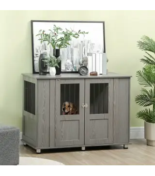 Jaula para Perros Grandes 2 en 1 Mesa Auxiliar con Puertas con Pestillo Ventanas y Patas Ajustables 114x60x82 cm Gris