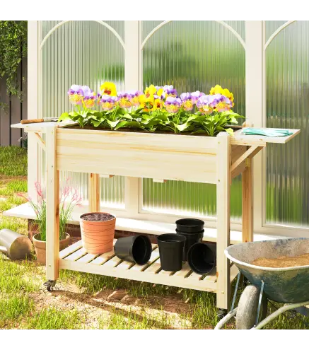 Jardinera Elevada con Ruedas Repisas Plegables y Estante 145x52x86 cm Sistema de Drenaje y Estructura de Madera Natural