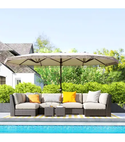 Sombrilla Doble 4,5x2,65 m Sombrilla Terraza Exterior con Manivela Manual Resistente al Agua y Protección UV30+ Crema