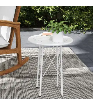 Mesa de Jardín Redonda de Acero con Diseño de Flores y Hojas Patas Ajustables y Estructura en Forma de X Ø40x50cm Blanco