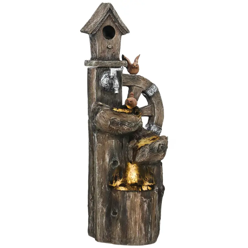 Fuente de Cascada 2 en 1 con Casita para Pájaros con Luces LED y Bomba Característica de Jardín con Troncos Multicolor