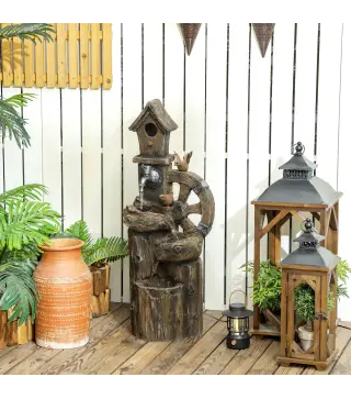 Fuente de Cascada 2 en 1 con Casita para Pájaros con Luces LED y Bomba Característica de Jardín con Troncos Multicolor