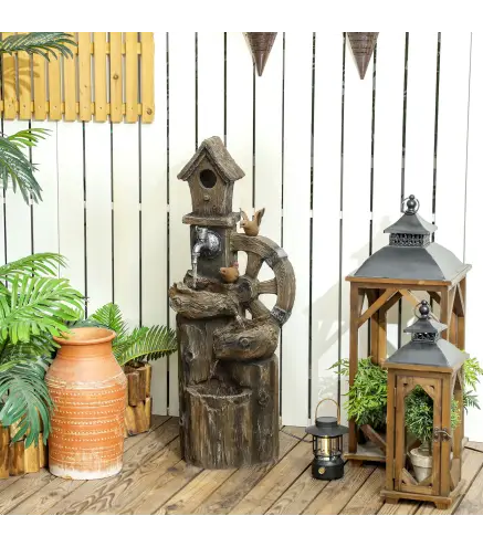 Fuente de Cascada 2 en 1 con Casita para Pájaros con Luces LED y Bomba Característica de Jardín con Troncos Multicolor