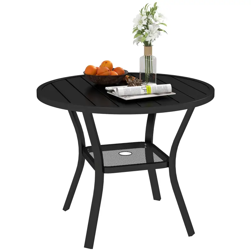 Mesa de Comedor Exterior Redonda con Orificio para Sombrilla Estante Inferior y Estructura de Acero Ø90x73 cm Negro