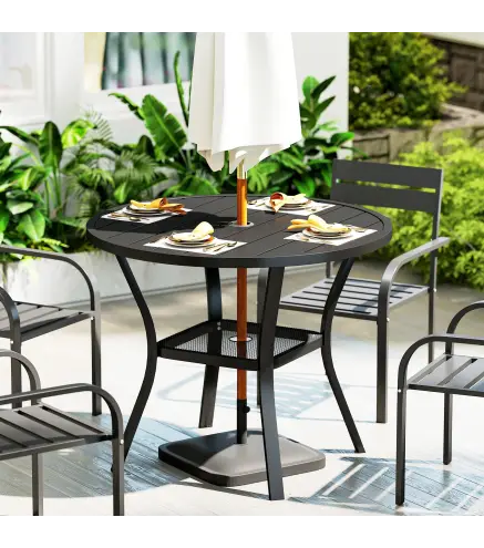 Mesa de Comedor Exterior Redonda con Orificio para Sombrilla Estante Inferior y Estructura de Acero Ø90x73 cm Negro