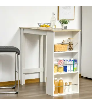 Mesa de Bar Mesa de Bistró Mesa de Comedor Mesa Alta con 3 Estantes Laterales y Estructura de Madera 112x57x106cm Blanco