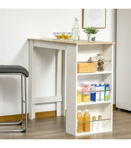 Mesa de Bar Mesa de Bistró Mesa de Comedor Mesa Alta con 3 Estantes Laterales y Estructura de Madera 112x57x106cm Blanco