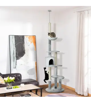 Árbol Rascador para Gatos de Suelo a Techo Ajustable Altura con Cueva Hamaca y Postes Rascadores Ø60x225-255 cm Gris