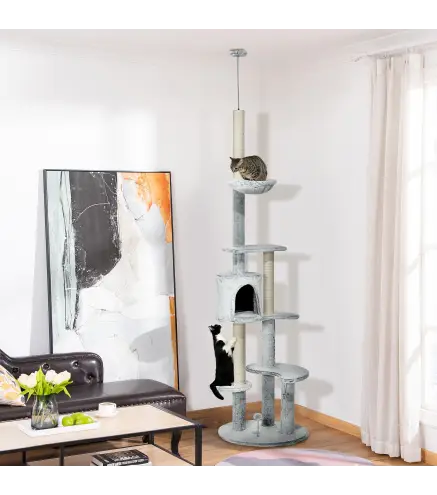 Árbol Rascador para Gatos de Suelo a Techo Ajustable Altura con Cueva Hamaca y Postes Rascadores Ø60x225-255 cm Gris