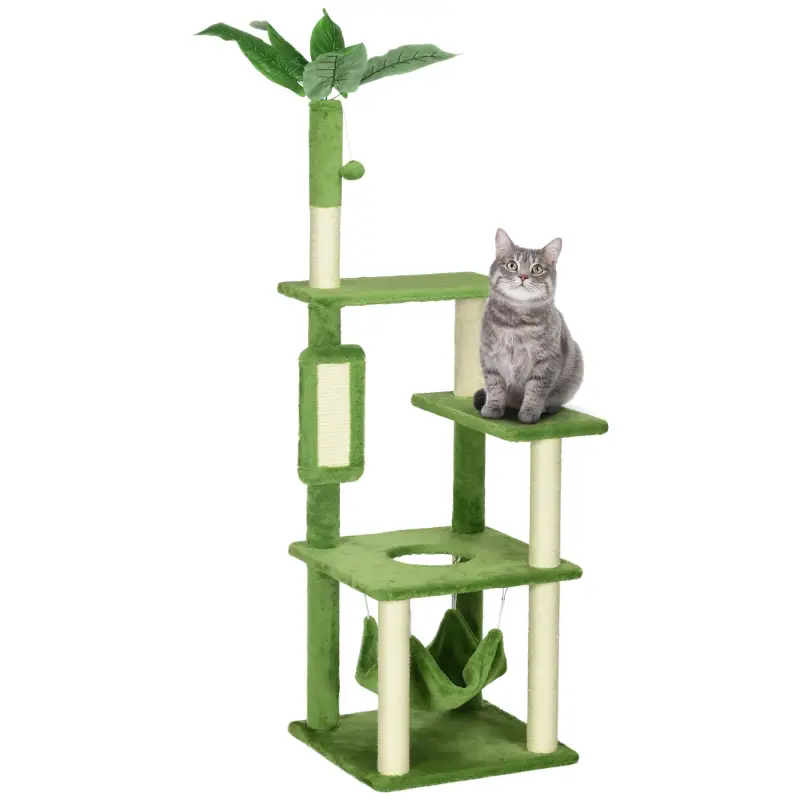 Árbol Rascador para Gatos Grandes de 142 cm con Postes de Sisal Hamaca Hojas y Bola de Juguete 49x49x142 cm Verde