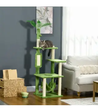 Árbol Rascador para Gatos Grandes de 142 cm con Postes de Sisal Hamaca Hojas y Bola de Juguete 49x49x142 cm Verde