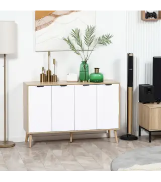 Mueble Buffet Auxiliar con Estantes Ajustables 2 Armarios y Antivuelco Carga 50 kg 120x35x77,4 cm Blanco y Natural