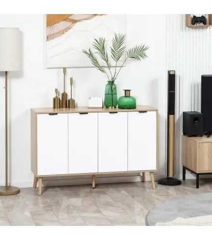 Mueble Buffet Auxiliar con Estantes Ajustables 2 Armarios y Antivuelco Carga 50 kg 120x35x77,4 cm Blanco y Natural