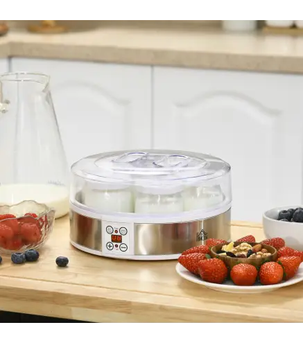 Máquina de Yogur con 7 Tarros de Cristal de 180 ml Termostato Ajustable Temporizador y Pantalla LED 24x24x13 cm Blanco
